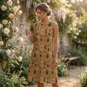 Puede incluir: Vestido sin mangas de color mostaza con un patrón repetido de símbolos celestiales y místicos. El vestido presenta símbolos de manos negras, lunas, relojes de arena y otros diseños. La modelo está en un jardín con flores y vegetación.