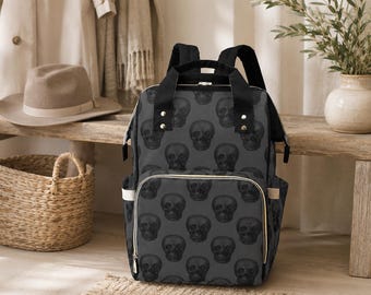 Skull Diaper Backpack, Gothic Baby Bag, Mom Travel Backpack, Nursery Organizer Tote