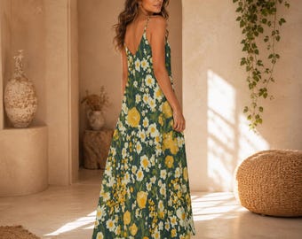 Yellow Daisy Floral Maxi Dress, Cottagecore Garden Sundress, Soft Girl Spring Summer Outfit