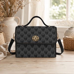 Gothic Skull Crossbody Bag, Charcoal Satchel Purse with Turn Lock