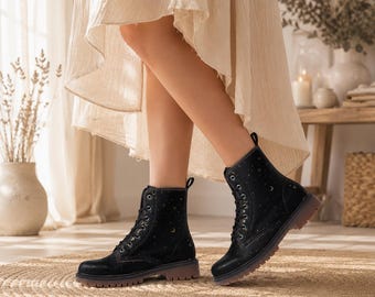 Gold Stars Moon vegan leren gevechtslaarzen Witchcore clubwear Gothic punk schoenen
