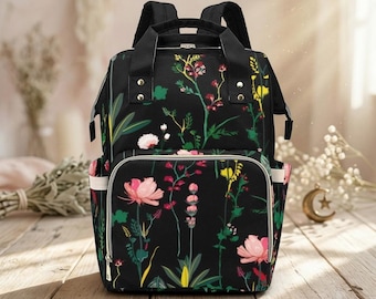 Floral Diaper Bag Backpack, Black Baby Travel Bag, Mom Backpack, Nursery Organizer