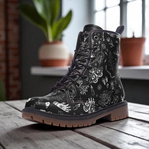 Mystic symbol combat boots, celestial festival lace up shoes, witchy occult printed footwear, astrology inspired alternative fashion boots