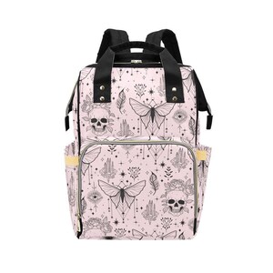 Goth Diaper Bag Backpack, Pink Moth Skull Print Baby Travel Bag, Witchy Mom Gift image 12