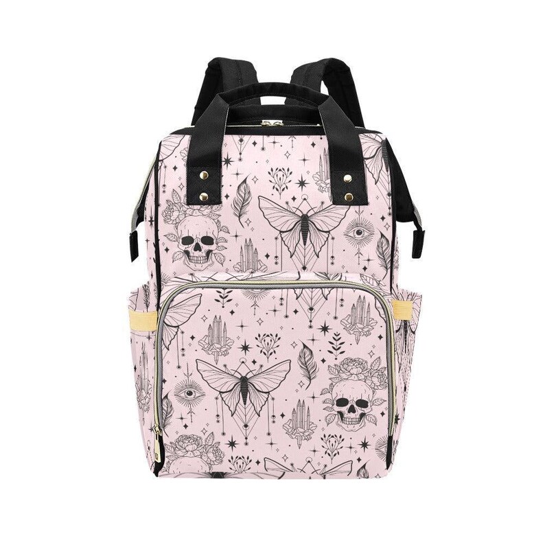Goth Diaper Bag Backpack, Pink Moth Skull Print Baby Travel Bag, Witchy Mom Gift image 12