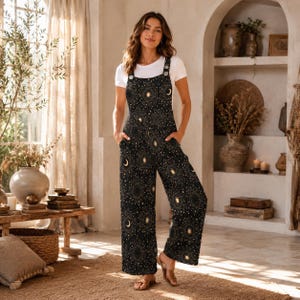 Celestial Moon Sun Wide Leg Jumpsuit, Boho Astrology Print Dungarees, Festival Travel Outfit image 8