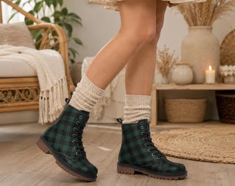 Donkergroene geruite gevechtslaarzen, vegan leren plateauzool met gingham-ruit, gotische herfststijl