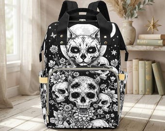 Gothic Diaper Bag Backpack, Skull Cat Mom Backpack, Baby Travel Organizer