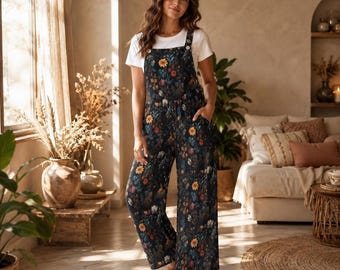 Dark Floral Wide Leg Jumpsuit, Cottagecore Garden Overalls with Pockets
