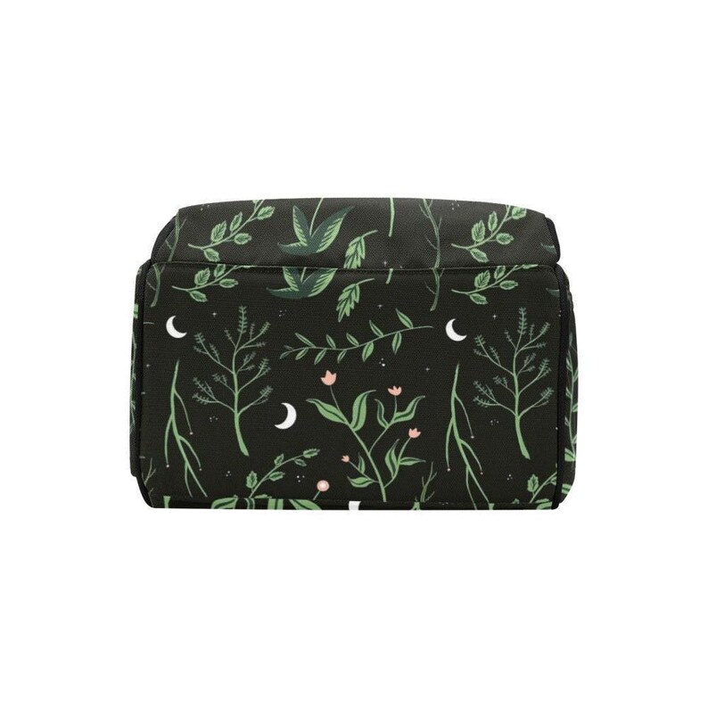 Crescent Moon Diaper Bag: Forest Green Botanical Print, Insulated Bottle Pockets (Nylon) image 8