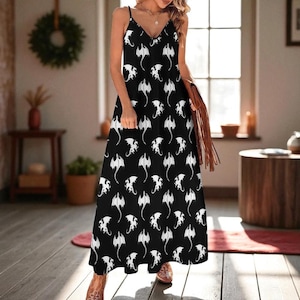 Gothic Dragon Maxi Dress, Witchy Fantasy Slip Dress, Black Dragoncore Summer Outfit, Alt Mythical Creature Clothing, Fairycore Festival Look