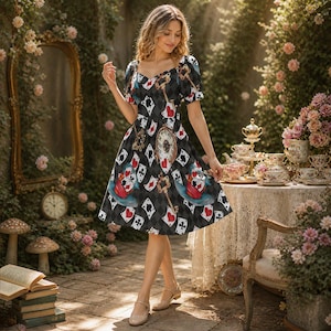 Alice in Wonderland Mini Dress, Playing Card Print Puff Sleeve Fantasy Costume, Queen of Hearts Style