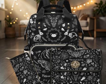 Mochila cambiador negra con estampado de bruja, bolso de bebé gótico con estampado de huesos de polilla, organizador para mamás espeluznantes