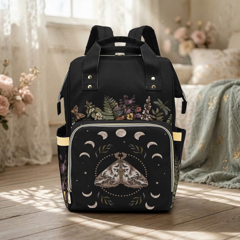Moth Moon Phase Diaper Backpack, Witchy Mom Essentials, Celestial Baby Bag, Mystic Nursery Tote, Dark Fairycore Mom Gear, Occult Mom Gift image 2