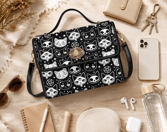 Goth Cat Crossbodytas, Zwart-witte schoudertas, Handtas met pentagramprint