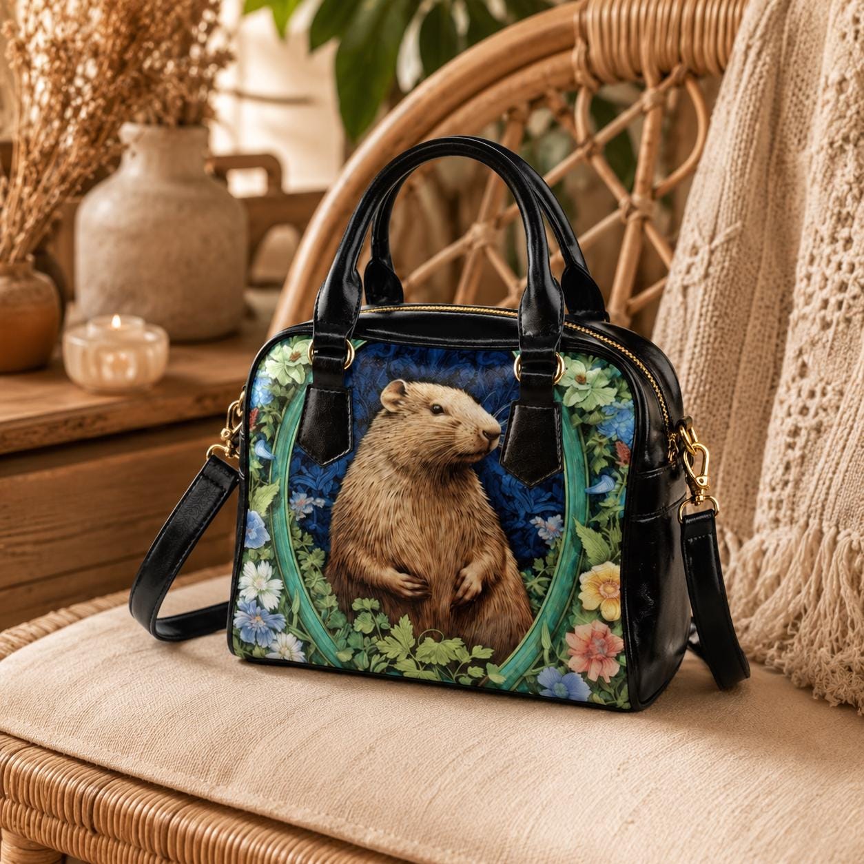 Capybara Handbag, Woodland Flower Satchel, Cottagecore Crossbody