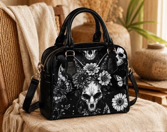 Gothic Skull Floral Handbag, Witchy Daisy Butterfly Crossbody Purse