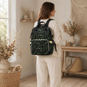 Crescent Moon Diaper Bag: Forest Green Botanical Print, Insulated Bottle Pockets (Nylon) image 3