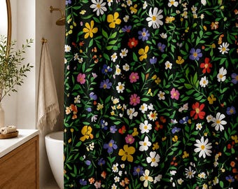 Black Wildflower Shower Curtain, Colorful Meadow Floral Bath Decor