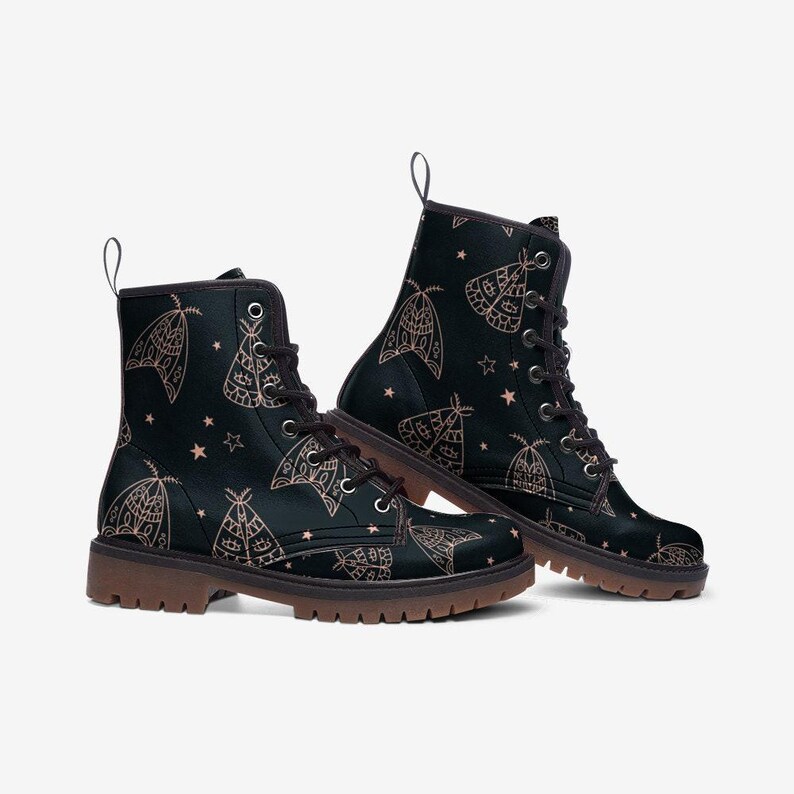 Line Art Moth Boots, Celestial Insect Lace Up Shoes, Mystical Starry Pattern Footwear image 14