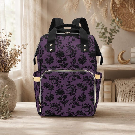 Purple Damask Diaper Bag Backpack, Gothic Witchy Mom Travel Bag
