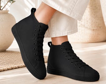 All Black Canvas High Top Sneakers, Minimalist Lace Up Trainers, Everyday Goth Shoes