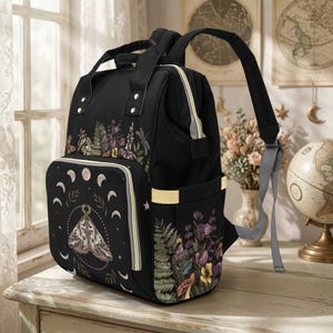 Moth Moon Phase Diaper Backpack, Witchy Mom Essentials, Celestial Baby Bag, Mystic Nursery Tote, Dark Fairycore Mom Gear, Occult Mom Gift image 4