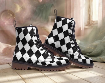 Schwarz weiße Diamant Stiefel, monochrome Punk Schnürung, alt Harlekin Gothic Schuhe, karierte Rave Stiefel, Emo Festival Schuhe, Punk Checker Stiefel