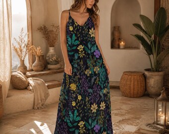 Dark Floral Maxi Dress, Navy Wildflower Boho Sundress, V Neck Spaghetti Strap Summer Garden Party