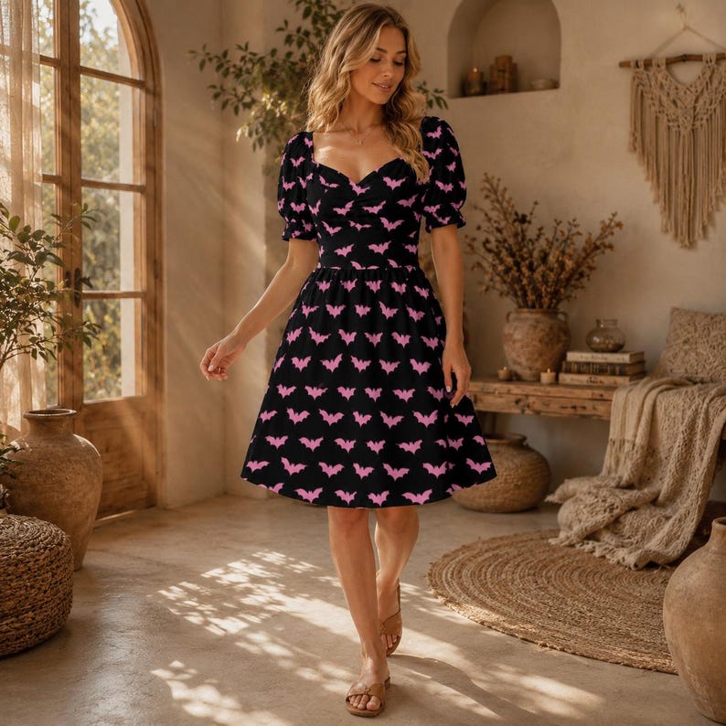 Pink Bat Print Midi Dress, Puff Sleeve Sweetheart Neckline, Pastel Halloween Party Outfit image 2
