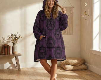 Purple Gothic Damask Hooded Blanket, Oversized Fleece Hoodie with Cat Ears, Spooky Lounge Wear