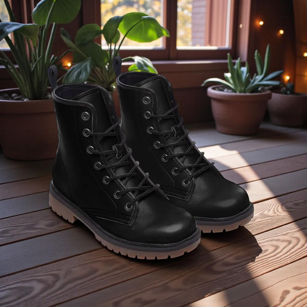 Black Vegan Leather Combat Boots, Lace-up Platform Ankle  display picture 2
