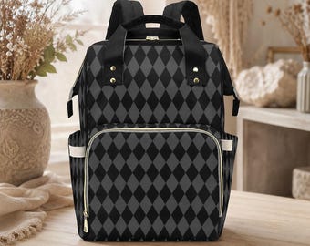 Harlequin Diaper Backpack, Black Gray Diamond Print Baby Bag, Goth Mom Nappy Rucksack