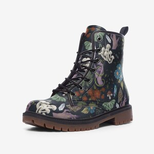 Goblincore Boots, Woodland Witch Floral Combat Boot, Vegan Combat Boots, CottageCore Festival Club Boot, Witchcore Wood Floral Print Boots