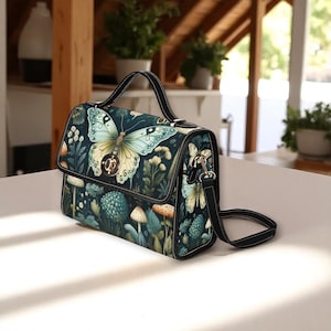 Mushroom Butterfly Shoulder Bag, Forestcore Satchel with Luna Moth Art, Fairycore Cottage Handbag, Whimsical Nature Print Purse Gift Idea