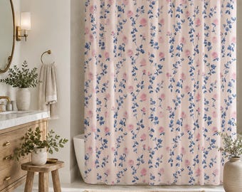 Vintage Rose Shower Curtain, Pink Blue Floral, Shabby Chic French Country Bath Decor