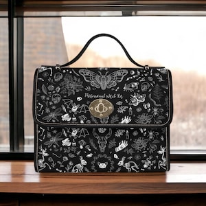 Witch kit shoulder bag, chaotic witchcore canvas purse, spooky spell jar crossbody satchel, alt occult symbols bag, mystical goth gift idea