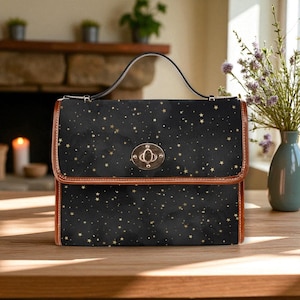 Black Starry Witchcore Shoulder Bag, Celestial Crossbody Purse with Brown Trim, Vintage Goth Satchel for Witches, Cosmic Aesthetic Gift Idea