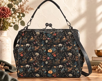Dark Botanical Floral Satchel Bag, Gothic Witchy Clutch, Vintage Cottagecore Purse