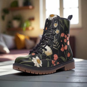 Wildflower print combat boots, cottagecore garden lace up shoes, daisy and floral ankle boots, whimsical nature walking boots,bloom footwear