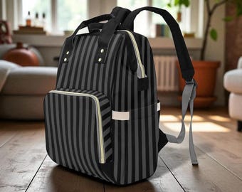 Black Striped Backpack, Gothic Diaper Bag, Dark Academia Organizer, Witchy Mom Tote, Alternative Baby Gear,Elegant Goth Gift,Goth Travel Bag