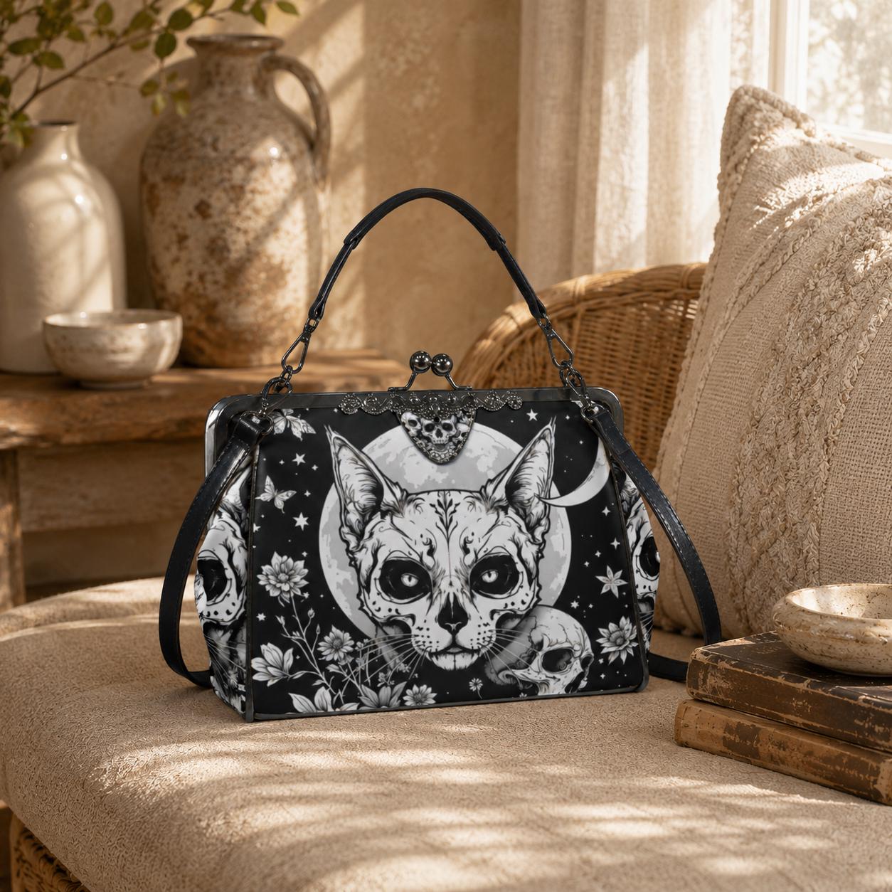 Kiss Lock Cat Purse With Moon Skull Art, Black Floral Frame Bag - Etsy