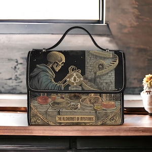Dark academia skeleton bag, alchemist aesthetic canvas purse, occult goth crossbody satchel, mystical witch scholar gift idea