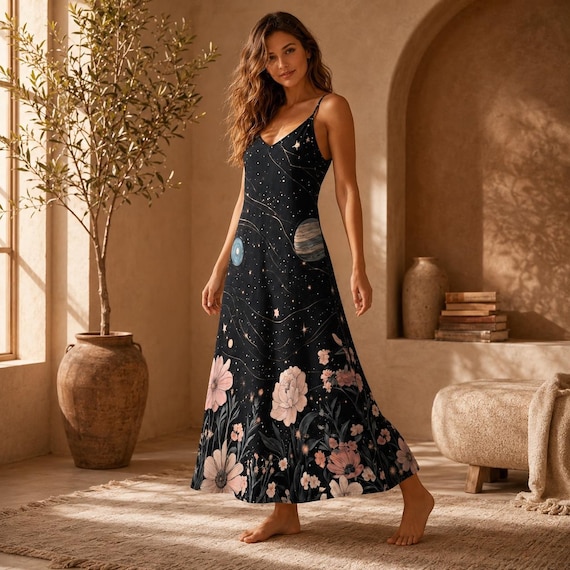 brown dress with black flowers Celestial Maxi Dress, Slip Planets and Blush Flowers, Whimsigoth Cottagecore Sundress for Garden Weddings elora ribbed midi dress in noir black for women Fabric Content100% Polyester Care Color:Black red Pinup Fashion Plus Size