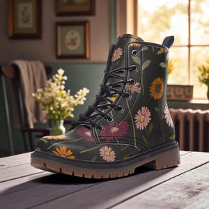 Dark Floral Combat Boots, Vintage Cottagecore Shoes, Moody Flower Footwear, Botanical Fairycore Boots, Gothic Garden Boots, Festival Gear