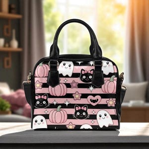 Kawaii Halloween Handbag with Ghosts and Pumpkins, Pastel Pink Striped Purse, Cute Witchy Crossbody Bag, Spooky Creepy Cute Satchel for Fall