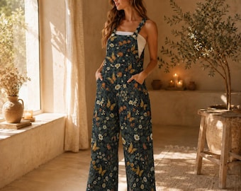 Wildflower Butterfly Jumpsuit, Botanical Wide Leg Cottagecore Overalls