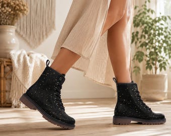 Celestial Combat Boots, Black Vegan Leather, Gold Stars, Witchy Lace Up Ankle Shoes