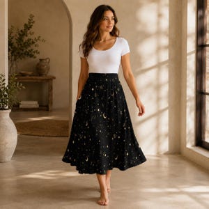 Celestial Moon Midi Skirt, Black Star Print, Witchy High Waist With Pockets