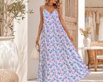 Blue Watercolor Floral Maxi Dress, Pink Rose Print Sundress, V Neck Spaghetti Straps